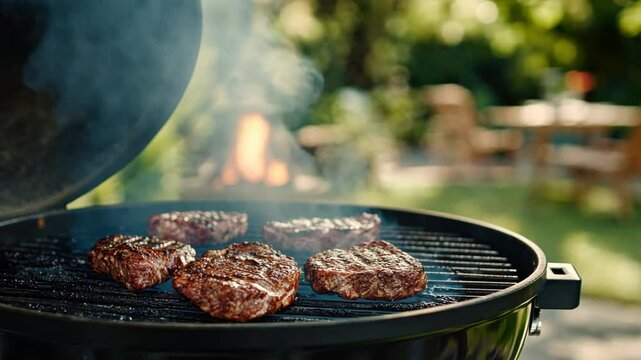 Summertime Grilling:  A closeup of juicy burger patties sizzling on a hot grill, releasing savory smoke, in the backdrop of a sunny backyard.