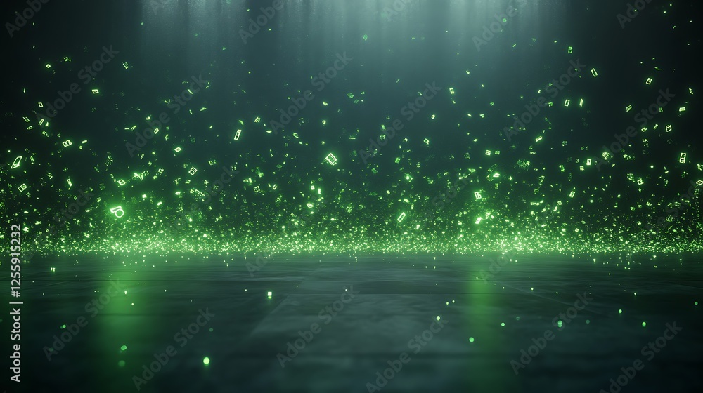 Aufkleber a dark background sprinkled with glowing green particles, creating a magical, ethereal atmosphere.