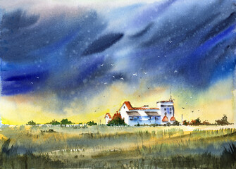 Watercolor illustration of a summer landscape with a grassy meadow, a distant line of trees and a village house (This illustration was drawn by hand without the use of generative AI!)