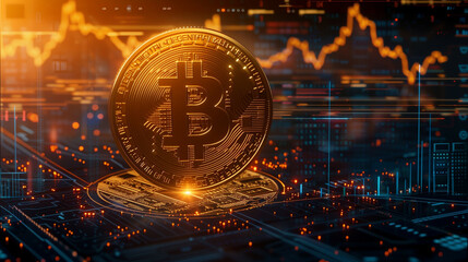 Detailed illustration of a Bitcoin with glowing circuits on a digital trading background highlighting cryptocurrency technology and market fluctuations