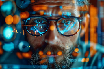 Detailed close-up of a mature man with a beard, wearing glasses, with digital data and holographic projections reflected in his lenses