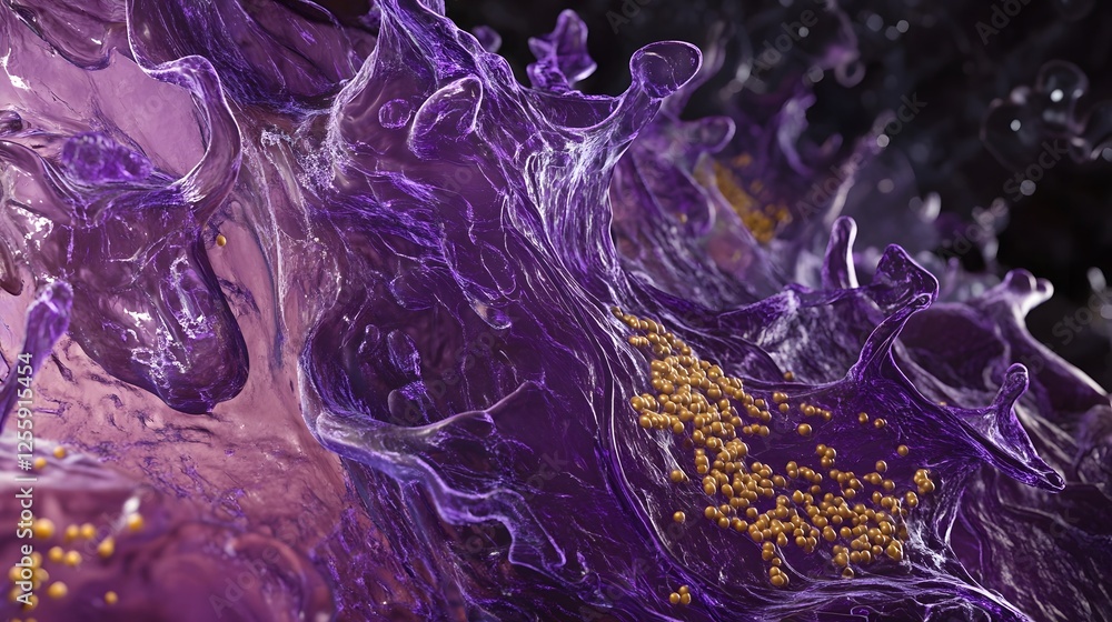Poster mesmerizing abstract digital artwork showcasing dynamic purple fluid swirls splashes and liquid text