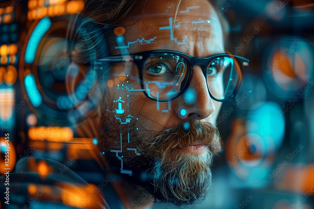 Poster close-up portrait of a bearded man with digital interface graphics overlayed on his face, suggesting