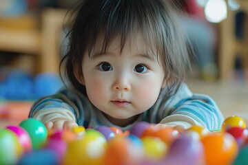 Obraz premium Curious toddler plays with colorful balls on the floor during a sunny day at home