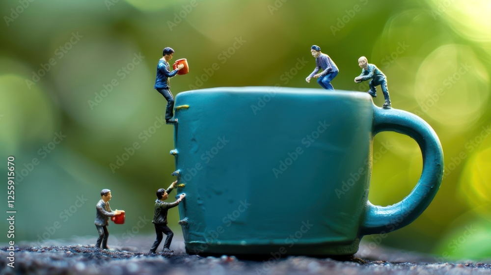 Poster miniature figures appear to climb and work on a large coffee mug, creating a whimsical scene.