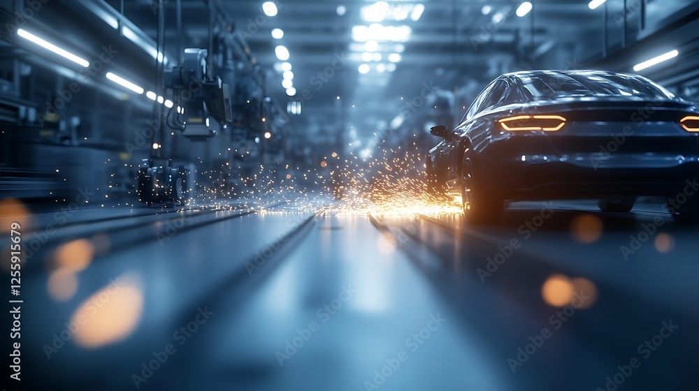 Poster a sleek car in a futuristic factory setting, featuring dynamic lighting and sparks, showcases advanc