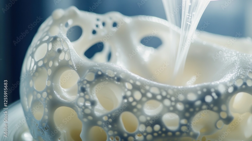 Poster close-up of intricate 3d printed object with organic porous design elements