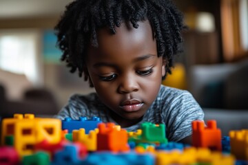 Fototapeta premium Child playing with colorful building blocks indoors during afternoon activity