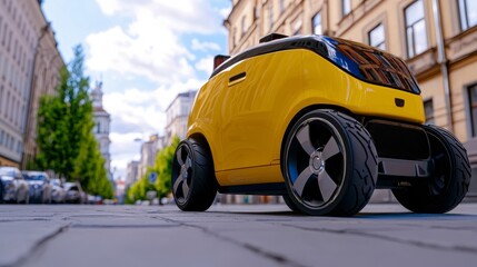 Innovative Yellow Compact Electric Vehicle on a City Street Under Clear Blue Sky