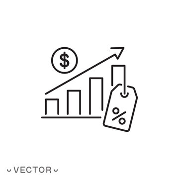 increase profit and growth sale icon, offer special discount, reduce cost, thin line symbol concept isolated on white background, editable stroke eps 10 vector illustration