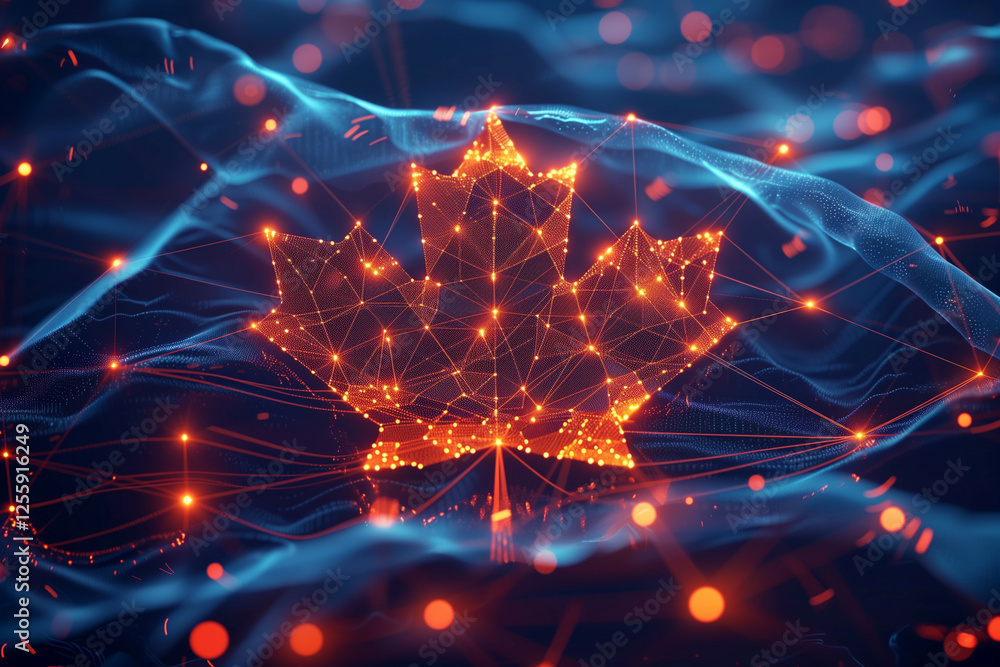 Poster digital network visualization of the canadian maple leaf representing technological connectivity and