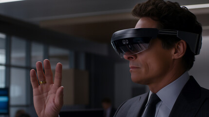 A business executive using an augmented reality headset to visualize live sales metrics, online transaction approvals, and digital business performance indicators.