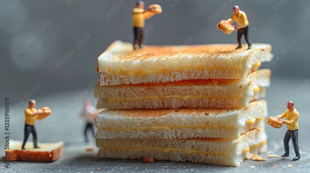 Poster miniature figures working on a stack of toasted bread, creating a whimsical scene.