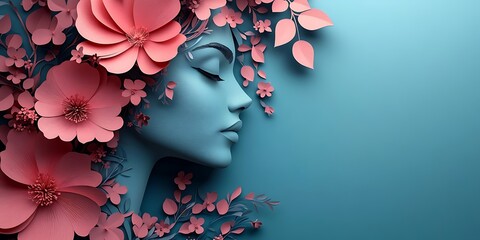  Serene Female Profile with Pink Flowers and Green Leaves on Blue