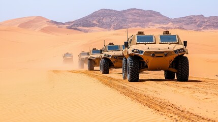 Military Convoy of Armored Vehicles Traveling Through the Sandy Desert Landscape