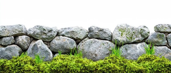 Isolated Stone Wall Covered with Moss and Grass on a White Background for Natural and Organic Themes