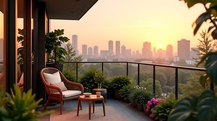 Cozy balcony at sunset  potted plants chair  potted plants
