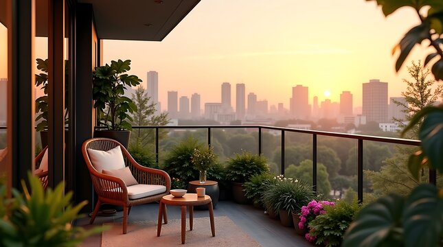 Cozy balcony at sunset  potted plants chair  potted plants