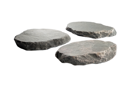 The image shows three flat, irregularly-shaped grey stones or slate platforms against a transparent background.