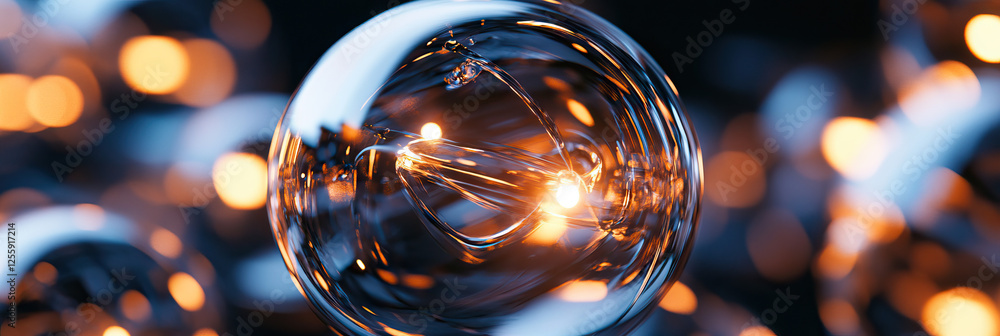 Poster illuminated filament within transparent sphere and bokeh background