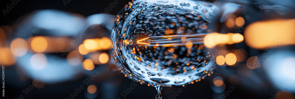 Poster water droplets sphere with internal glowing object and bokeh background