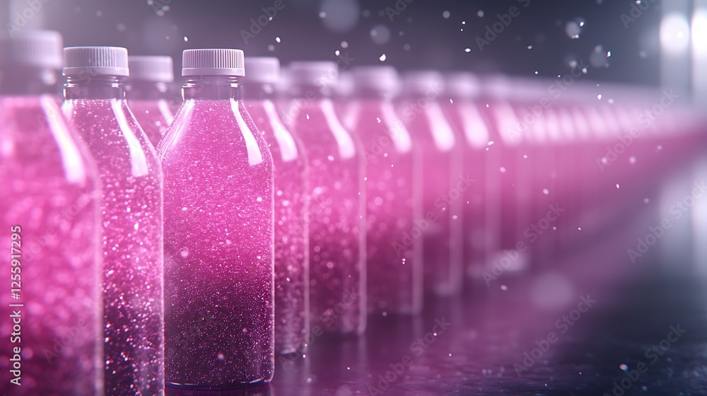 Aufkleber A row of pink bottles with a soft glow and sparkling effect, creating a visually appealing and vibrant scene.