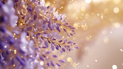 Enchanting Wisteria Bloom: Delicate Lavender Petals and Golden Bokeh Lights