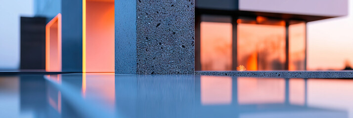 Modern Architectural Details: Concrete, Glass, and Sunset Reflection
