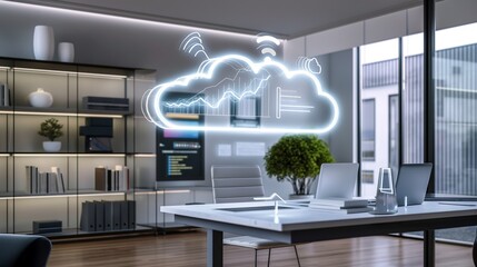 A futuristic digital meeting room with AR holograms of business charts, cloud-based data storage icons, and AI-driven analytics reports.