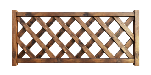 The image showcases a wooden fence panel with a dark stain and criss-cross lattice design.