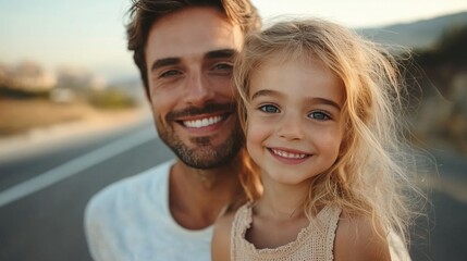 Fototapeta premium Father and daughter smiling together on a sunny day by the road during golden hour