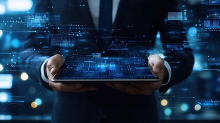 A person interacts with a digital interface, engaging with holographic elements and using advanced tools for data analysis. The scene emphasizes innovation and the potential of modern technology.