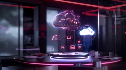 A futuristic digital meeting room with AR holograms of business charts, cloud-based data storage icons, and AI-driven analytics reports.