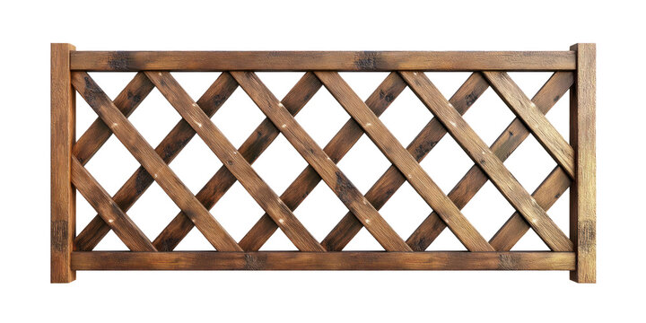 The image showcases a wooden fence panel with a dark stain and criss-cross lattice design.