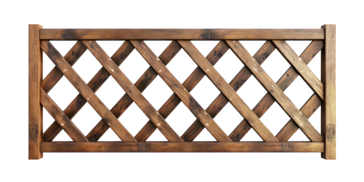 The image showcases a wooden fence panel with a dark stain and criss-cross lattice design.