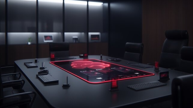 A futuristic digital meeting room with AR holograms of business charts, cloud-based data storage icons, and AI-driven analytics reports. - Powered by Adobe