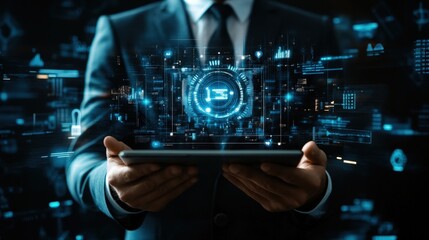A person interacts with a digital interface, engaging with holographic elements and using advanced tools for data analysis. The scene emphasizes innovation and the potential of modern technology.