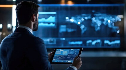 Fototapeta premium A person interacts with a digital interface, engaging with holographic elements and using advanced tools for data analysis. The scene emphasizes innovation and the potential of modern technology.