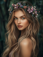 Naklejka premium A young woman with a wreath of spring flowers on her head, smiling, against the background of the forest