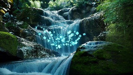 Glowing digital information, represented by blue squares, flows like a waterfall in a lush green forest, symbolizing the integration of technology and nature - Powered by Adobe
