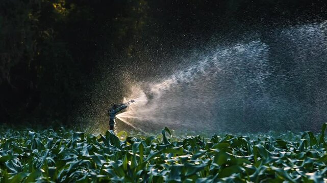 Watering the corn crops with a water sprinkler irrigation system in the morning, Slow motion shot