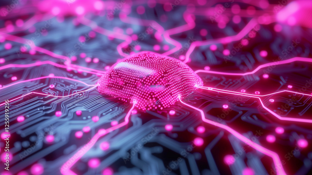 Poster a digital illustration of a neural network with glowing pink nodes on a dark circuit board backgroun