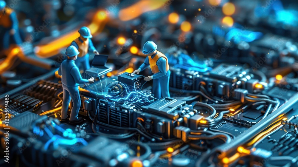 Poster miniature workers interacting with a circuit board, showcasing technology and innovation.