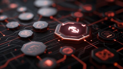 A high-tech AR interface displaying global trade symbols, online payment security, and business networking connections in a digital workspace.