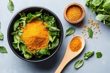 Nutritional yeast benefits for green salad kitchen food photography bright environment top view health concept