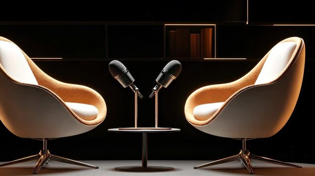 Modern recording podcast studio armchairs flanking sleek microphones podcast, creating intimate talk show staging for professional dialogue video 4k
