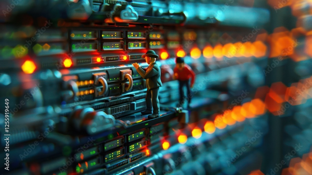 Poster miniature figures inspecting a server rack with illuminated components.