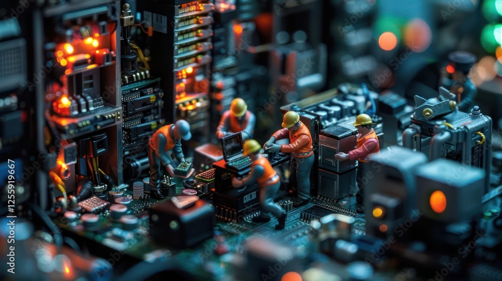 Poster miniature figures working on a circuit board, illustrating technology and engineering.