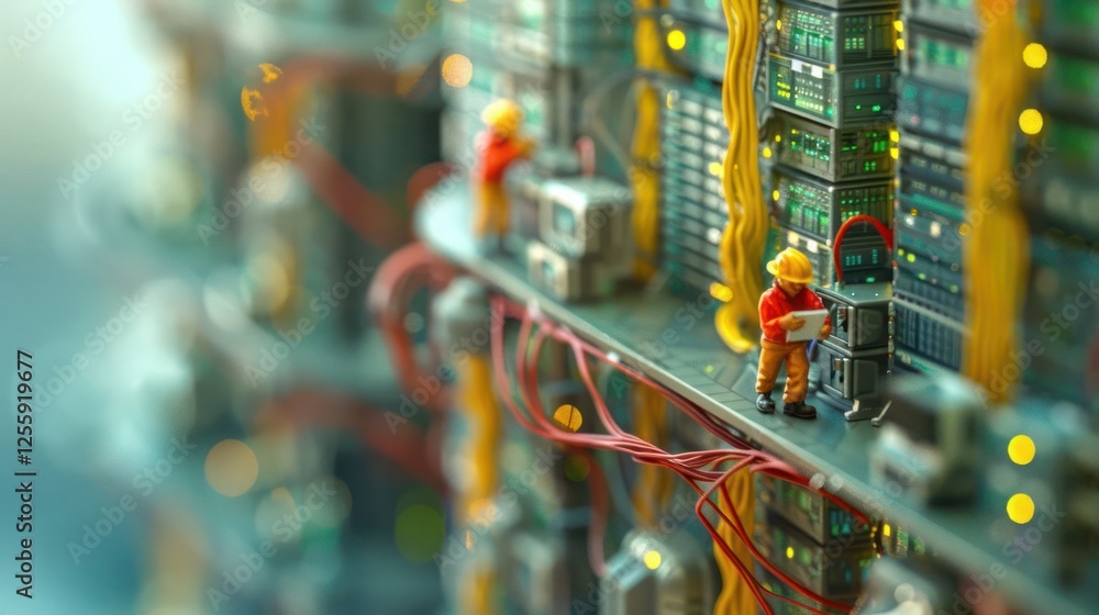 Poster miniature workers inspecting server racks in a data center.