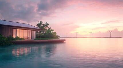 Obraz premium A serene tropical sunset over calm waters, featuring a modern villa with palm trees and wind turbines in the distance.